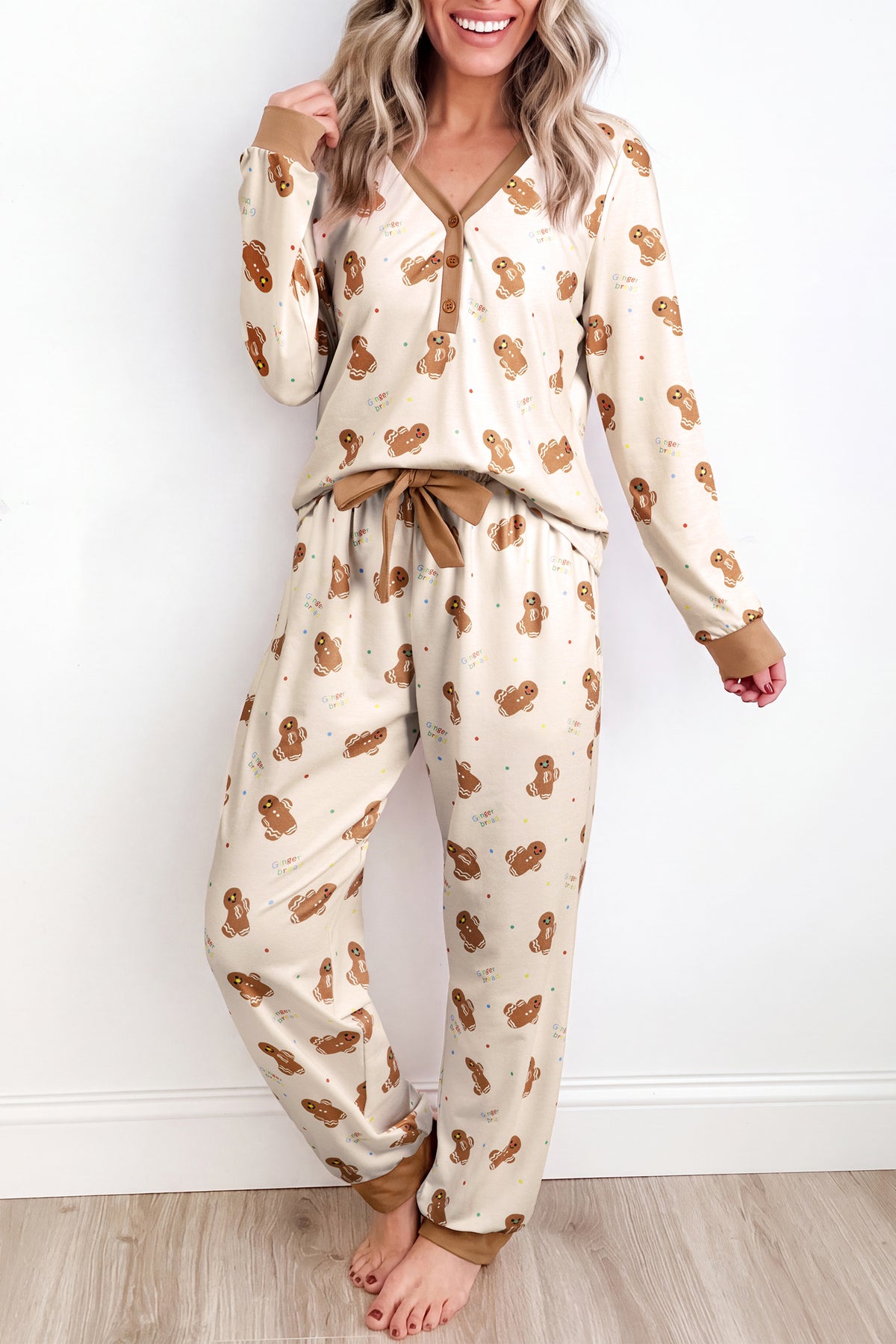 Khaki Abstract Gingerbread Print Colorblock Long Sleeve Two Piece Lounge Set