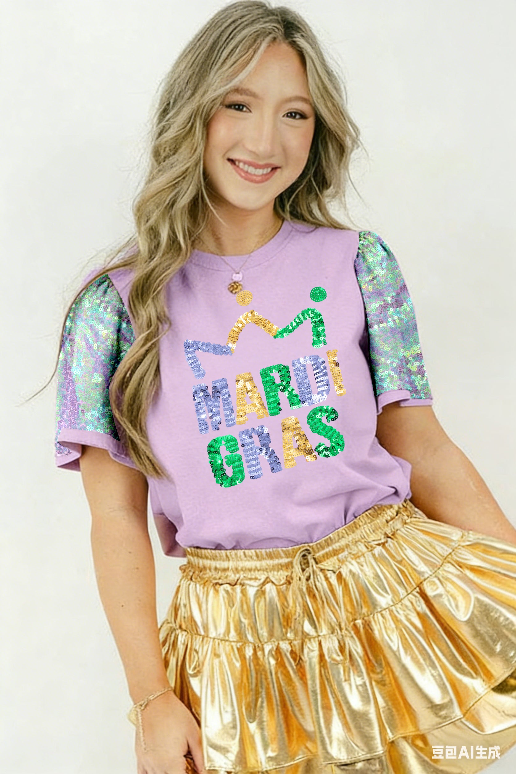 Orchid Petal Sequined MARDI GRAS Graphic Patchwork T Shirt
