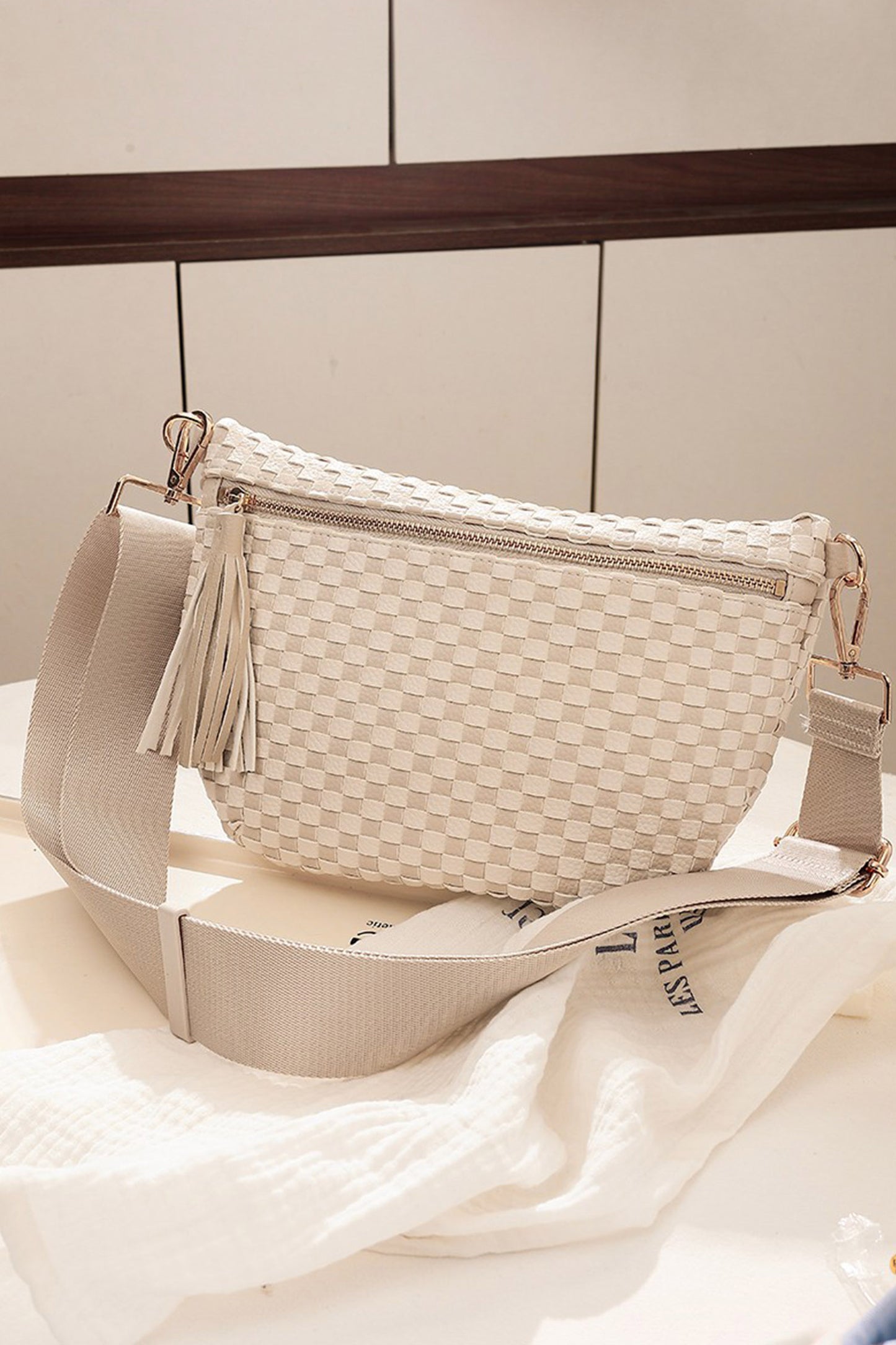 White Checkered Woven PU Leather Crossbody Bag Adjustable Strap Large Size