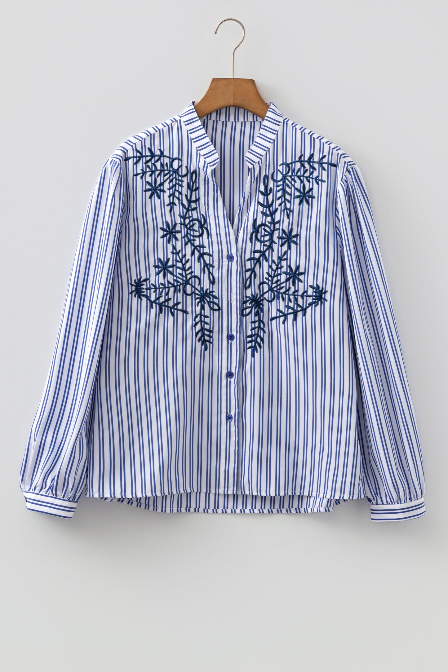 Blue Stripe Embroidered Detail Button Front Long Sleeve Shirt