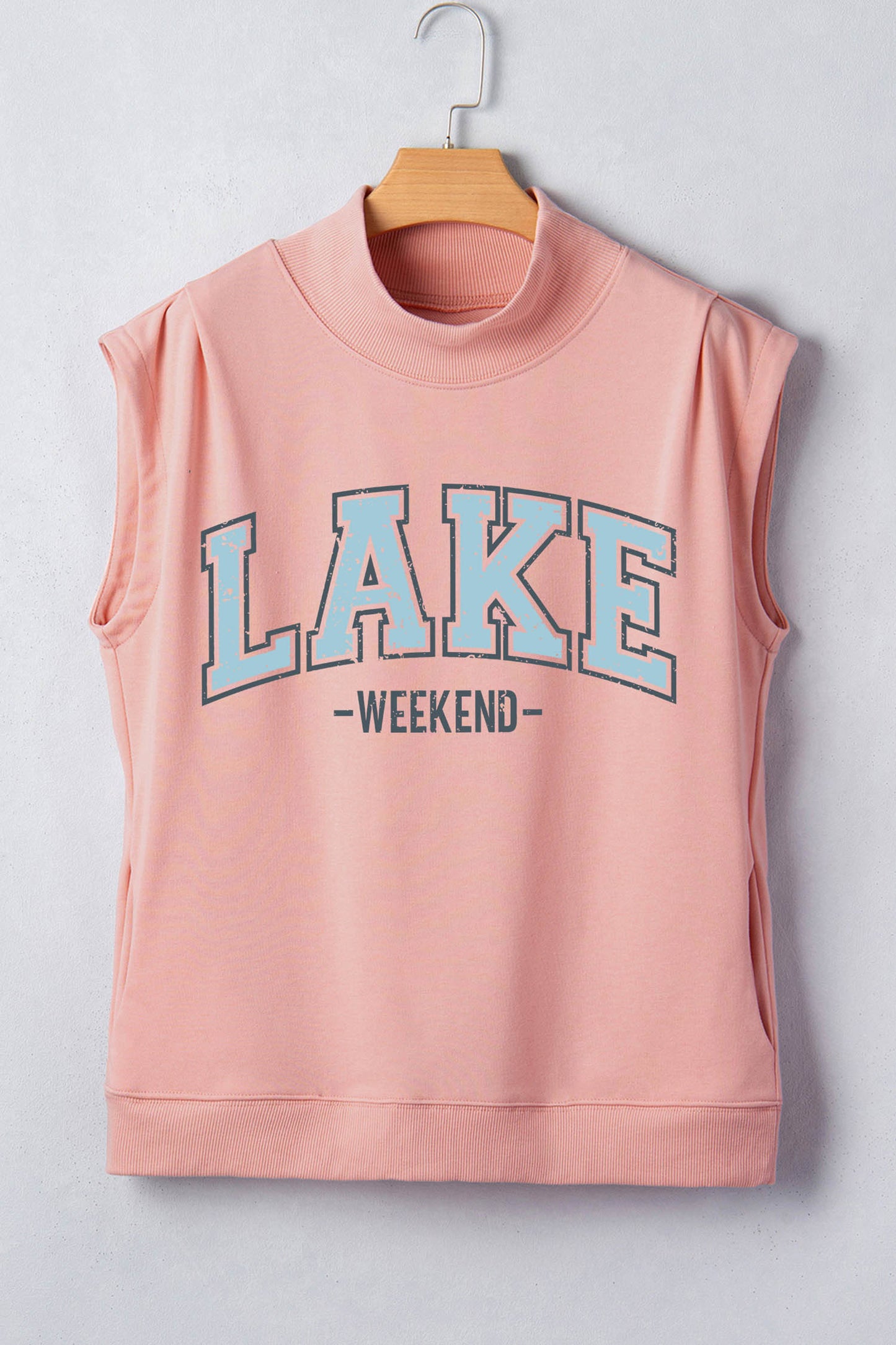 Pink Lake Weekend Graphic High Neck Short Sleeve Top