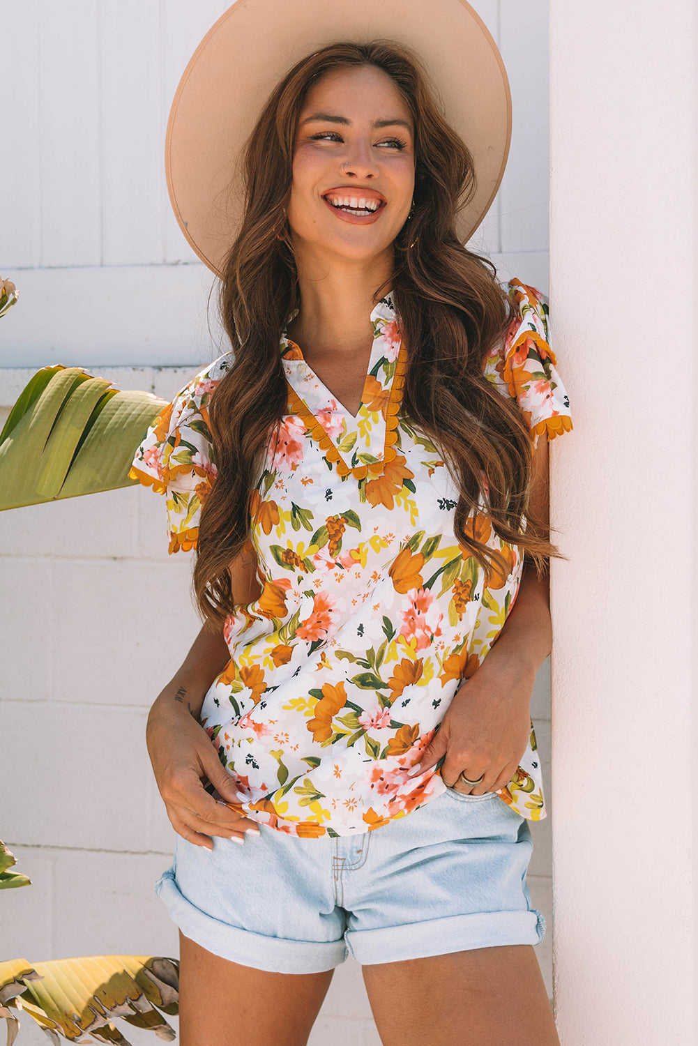 Russet Orange Ruffled V Neck Scalloped Short Sleeve Floral Blouse