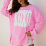 Pink Bow Sequin XOXO Letter Graphic Exposed Seam Baggy Sweatshirt