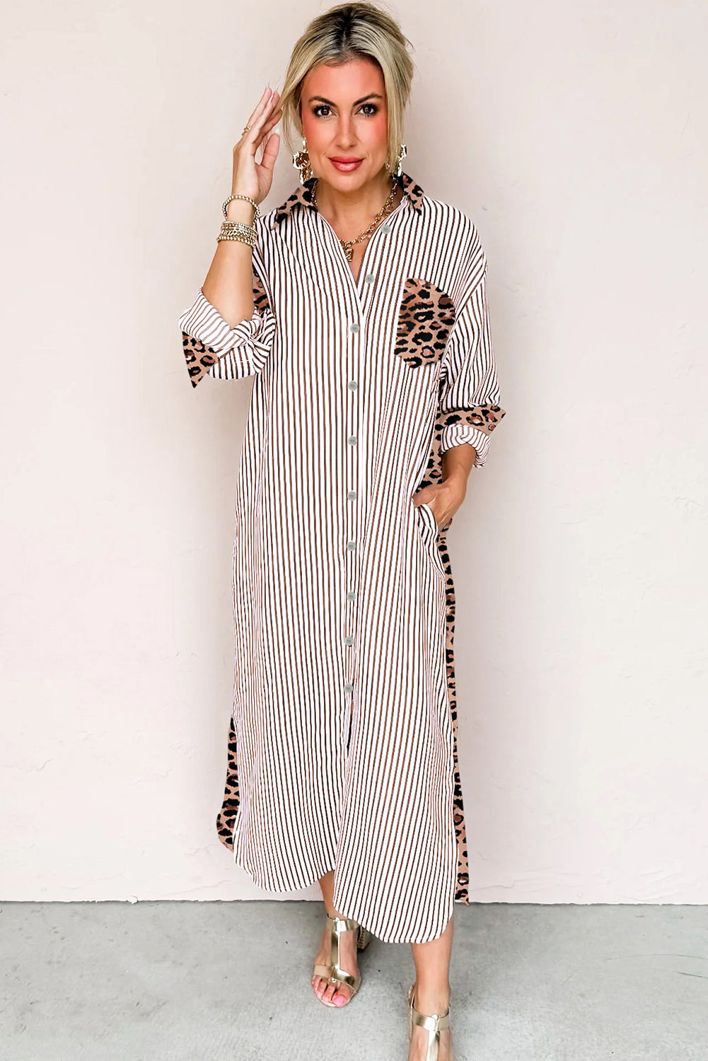 Brown Stripe Contrast Leopard Patchwork Long Shirt Dress with Slits Brown Stripe / L / 100%Polyester Brown Stripe Contrast Leopard Patchwork Long Shirt Dress with Slits Brown Stripe / L / 100%Polyester