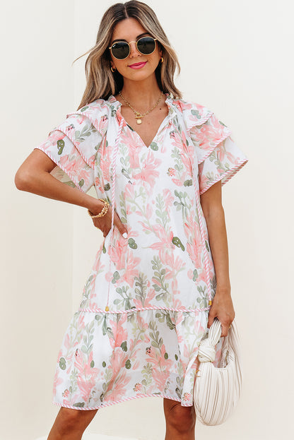 Sky Blue Floral Contrast Edge Layered Short Sleeve Mini Dress