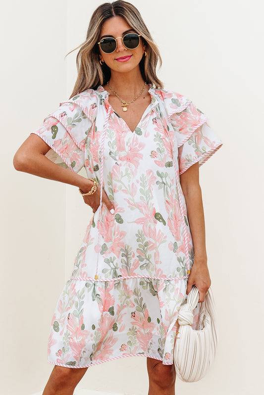 Pink Floral Contrast Edge Layered Short Sleeve Mini Dress