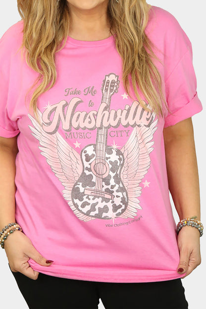 Camiseta de talla grande con estampado gráfico de guitarra de Nashville Music City