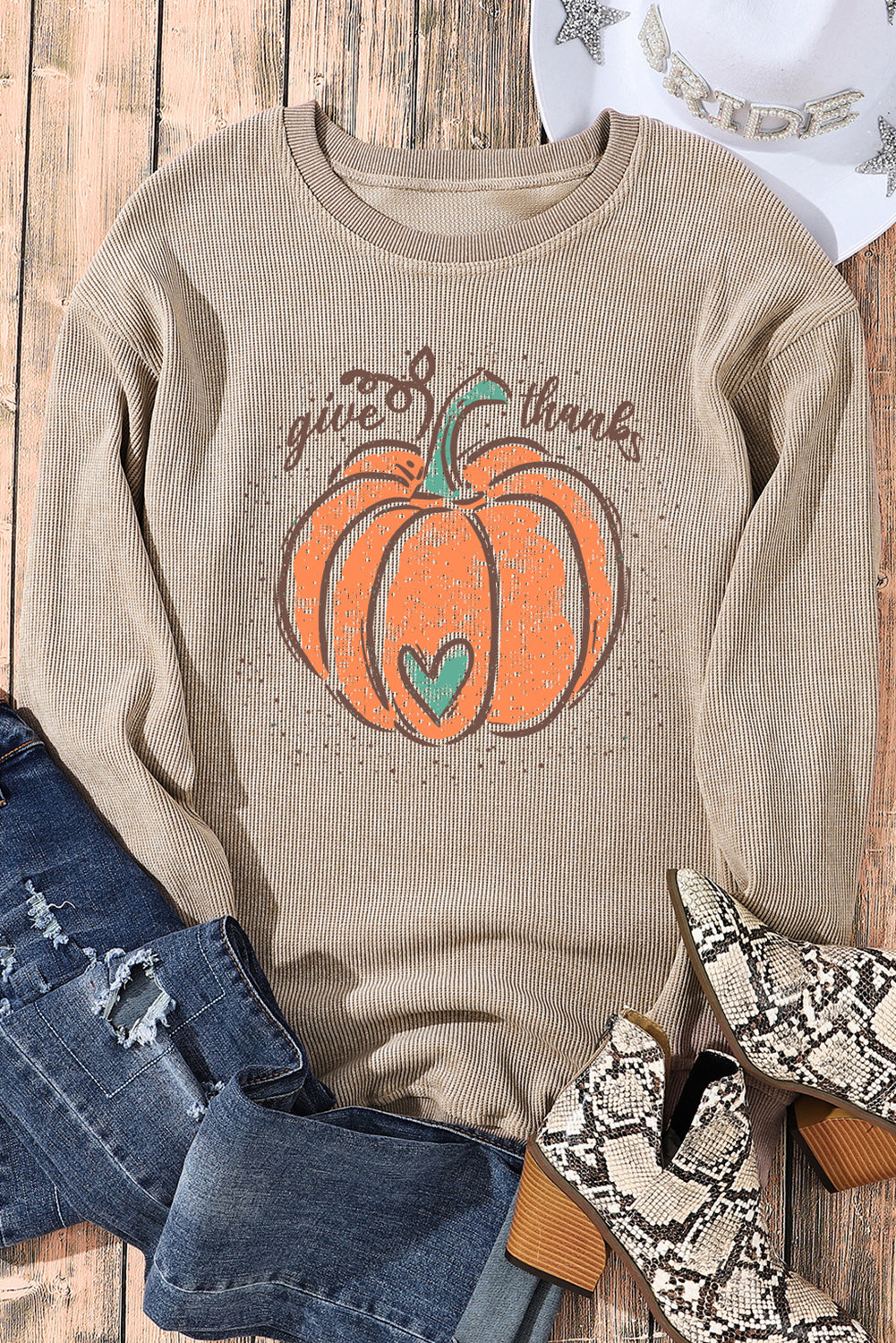 Sweat-shirt kaki à cordon de serrage avec motif citrouille « Give Thanks »