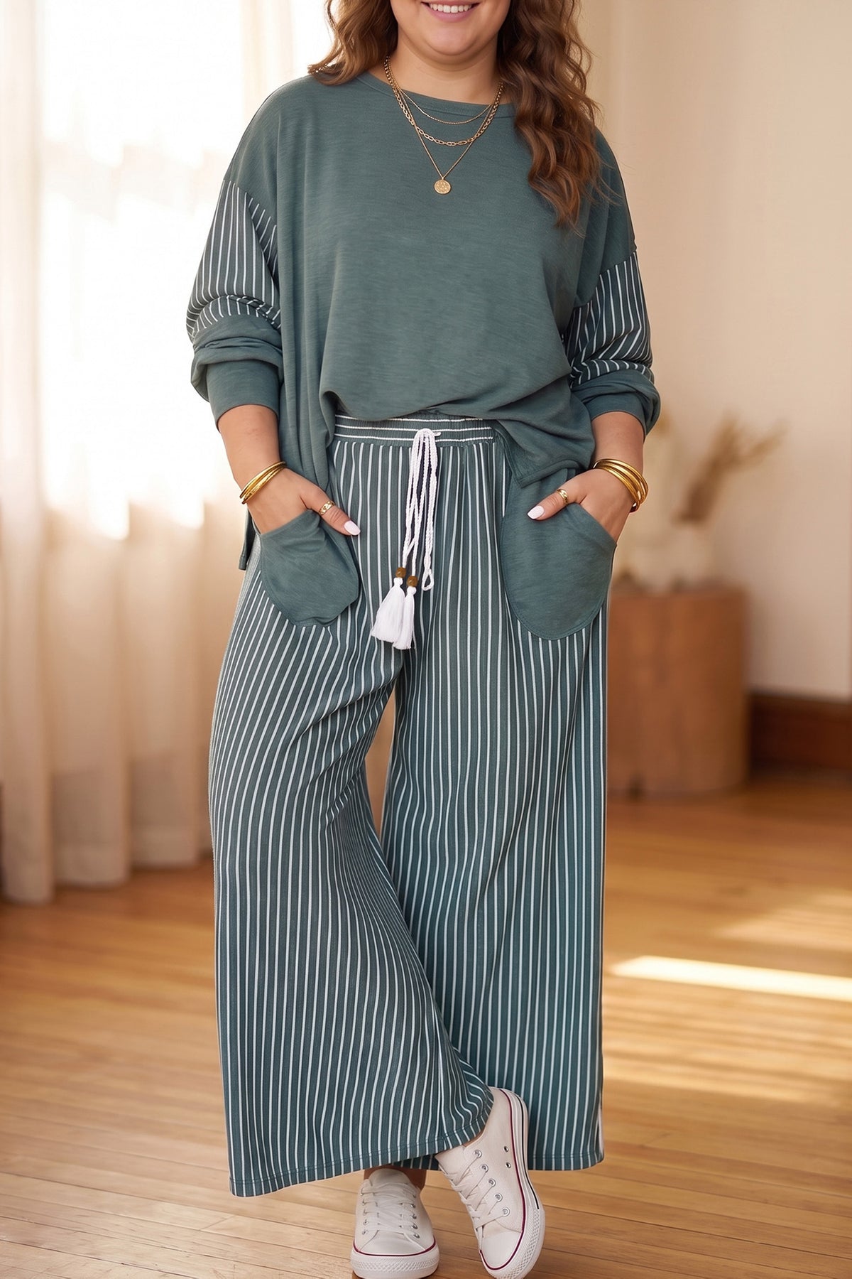 Green Bay Striped Patchwork Long Sleeve Casual Plus Size Two-piece Outfit