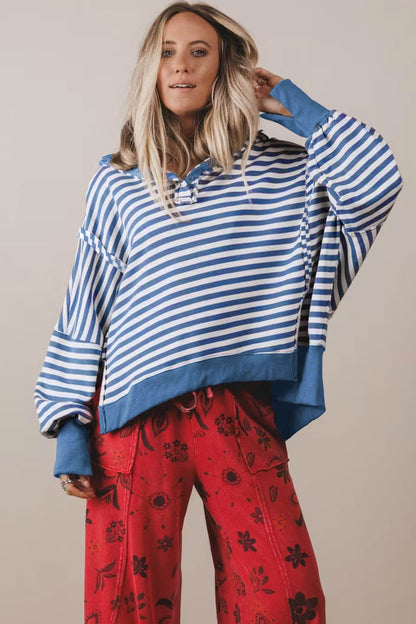 Blue Stripe Color Block Trim Raw Seam Split Hem Loose Pullover Sweatshirt
