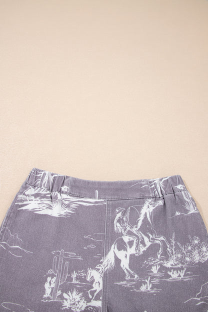 Gray Western Print Elastic Waist Cotton Denim Shorts
