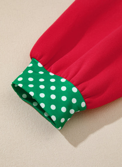 Racing Red Polka Dot Patchwork Round Neck Plus Size Sweatshirt