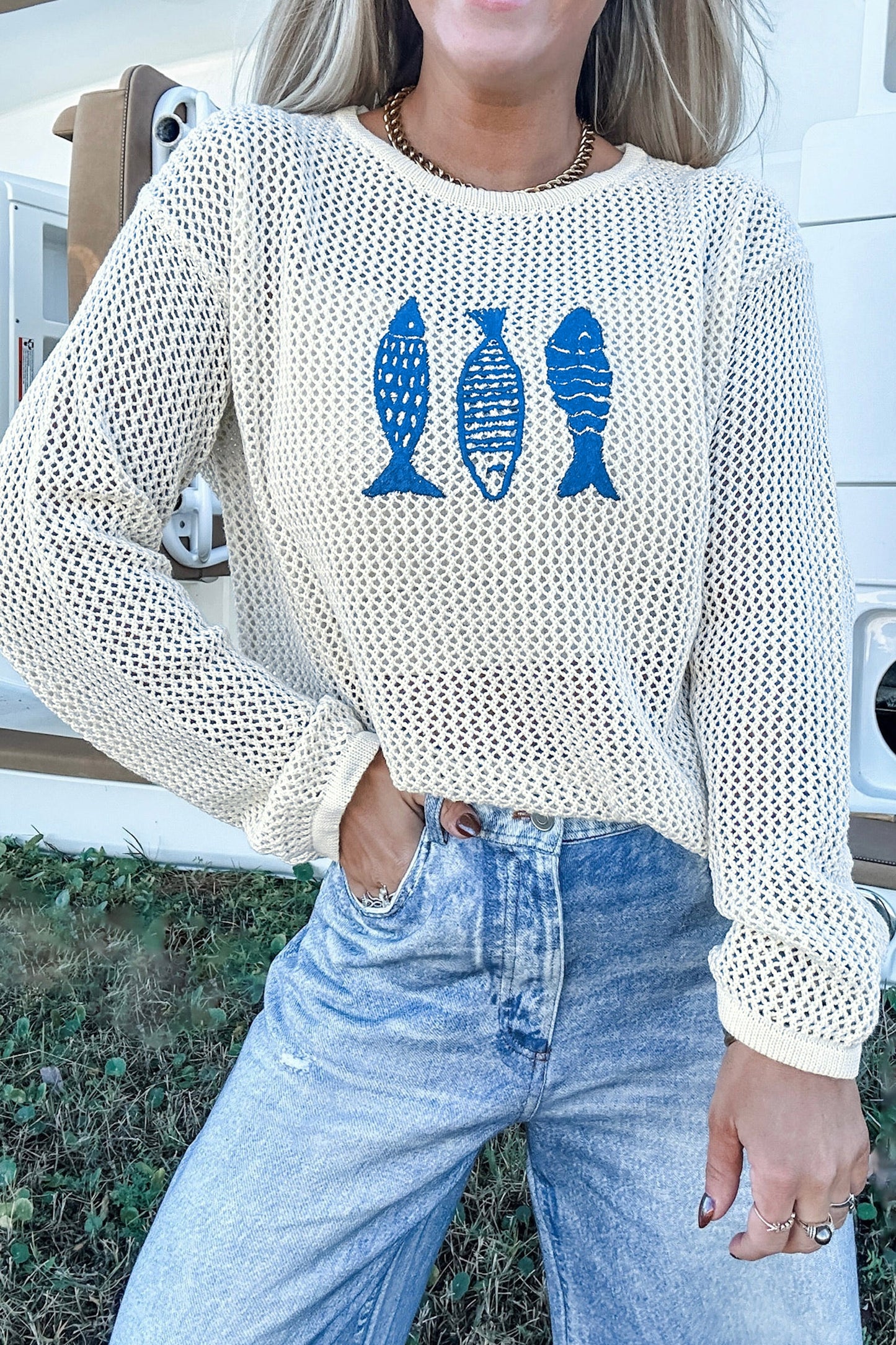 White Open Knit Fish Embroidered Casual Sweater