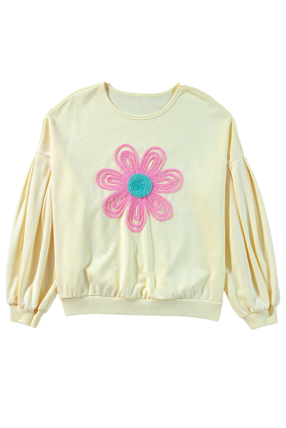Sweat-shirt beige à manches bouffantes et fleurs en guirlandes