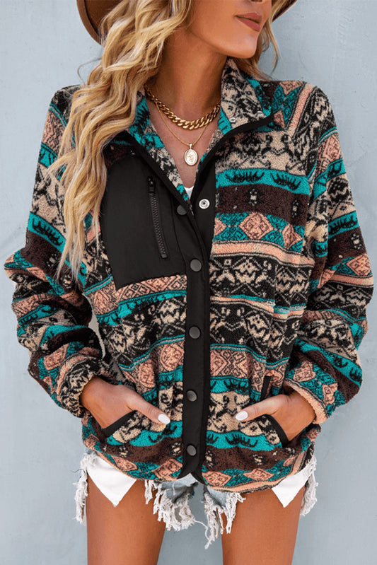 Chaqueta sherpa negra con botones a presión y bloques de color occidental 