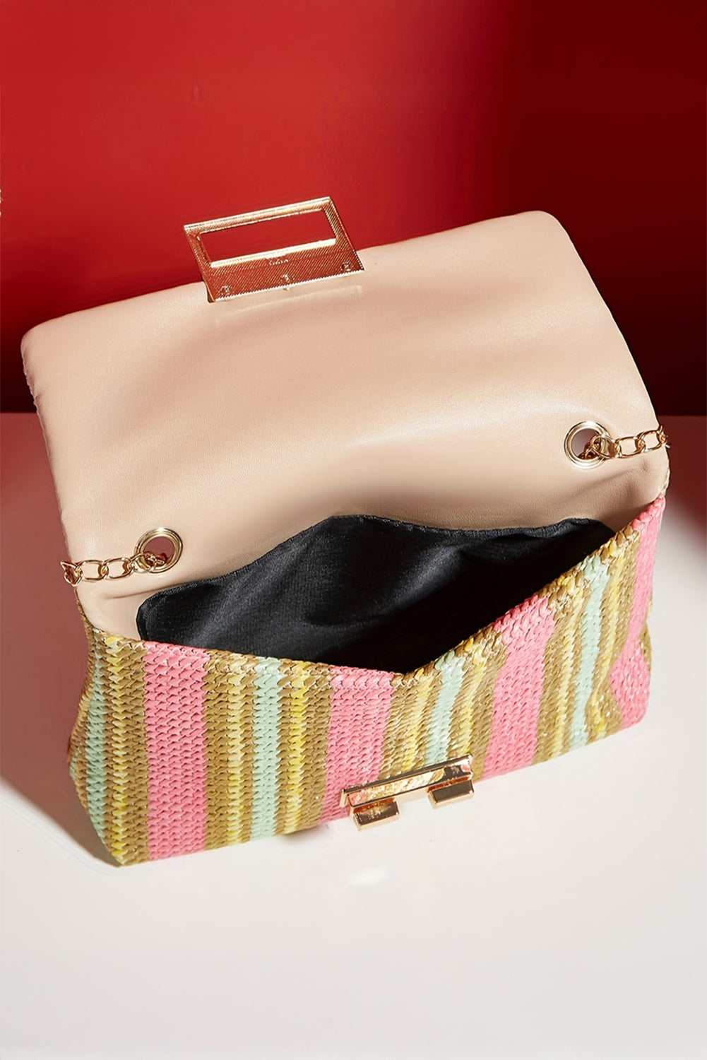 Pink Stripe Woven Flap Chain Strap Shoulder Bag
