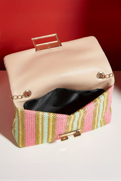 Pink Stripe Woven Flap Chain Strap Shoulder Bag