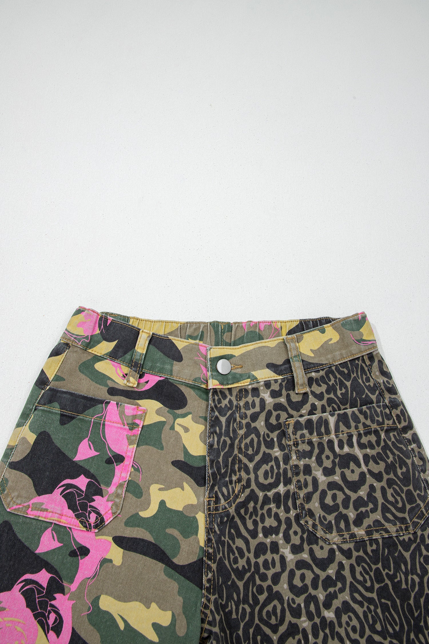 Multicolour Abstract Camouflage Print Contrast Leopard Patchwork Straight Leg Jeans