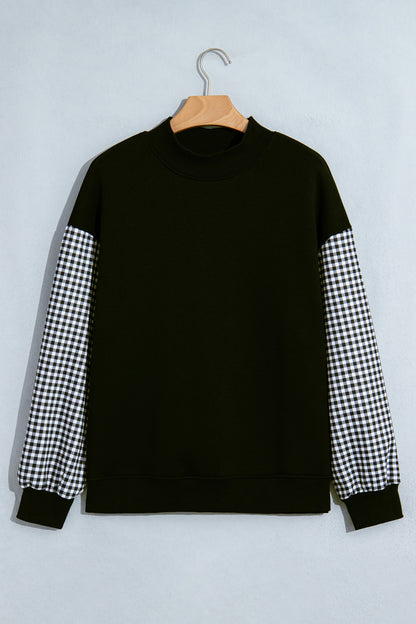 Black Plaid Sleeve Colorblock Loose Tunic Sweatshirt