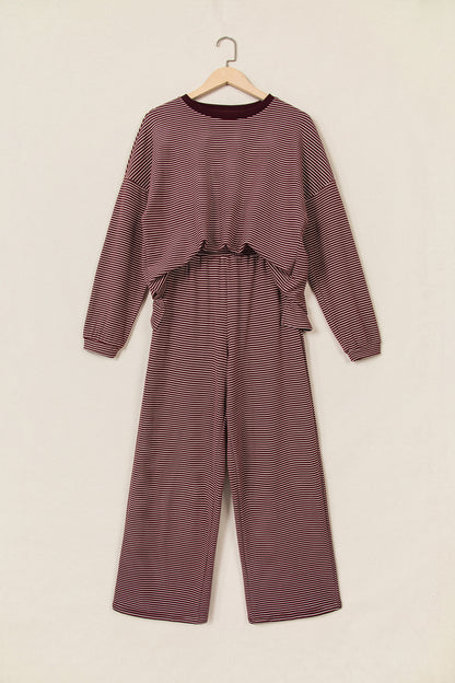 Brown Stripe Contrast Trim Round Neck Oversize Long Sleeve Top 2pcs Pant Set