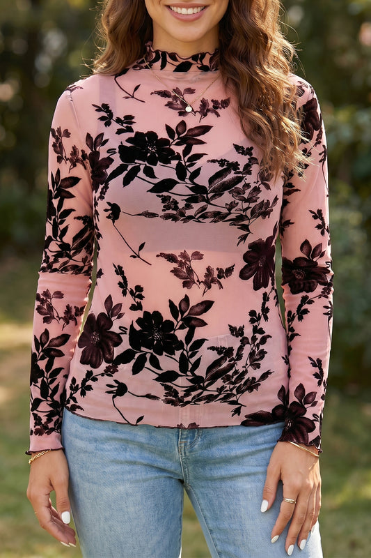 Gossamer Pink Retro Floral Print Mesh Long Sleeve Pullover Blouse