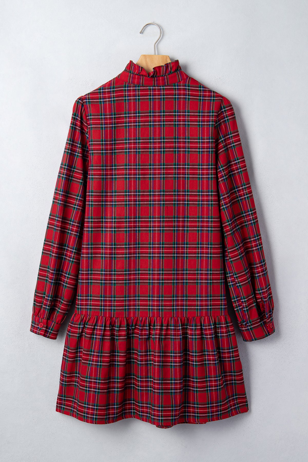 Red Plaid Long Sleeve Mini Shift Silhouette Decoration Dress
