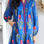 Sky Blue Floral Print Contrast Striped Trim Notched Neck Long Sleeve Dress