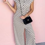 Khaki Checkered Print Buttoned Crew Neck Wide Leg Jumpsuit