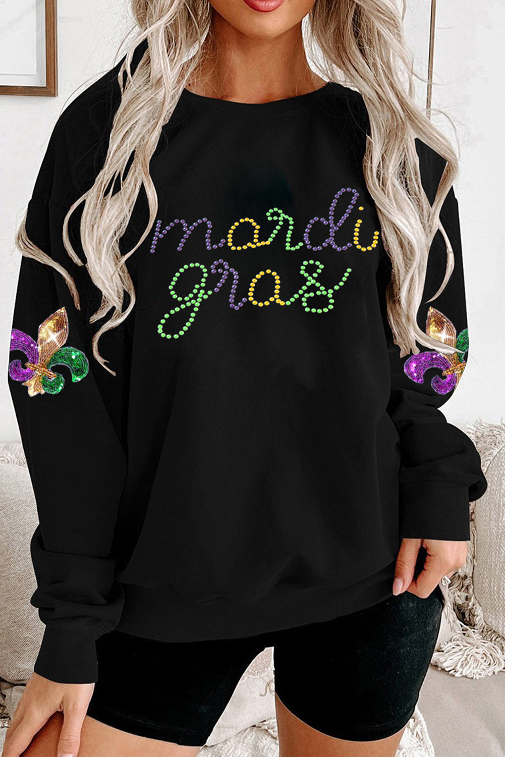Sweat-shirt graphique en céramique noire avec strass et lettres du Mardi Gras