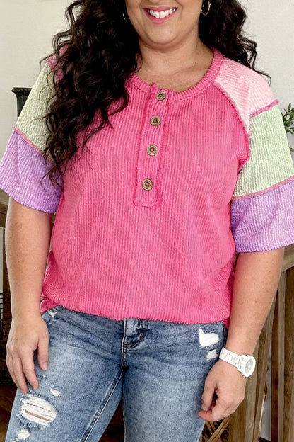 Bright Pink Plus Size Twisted Rib Color Block Patchwork Short Sleeve Henley Top