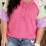 Bright Pink Plus Size Twisted Rib Color Block Patchwork Short Sleeve Henley Top