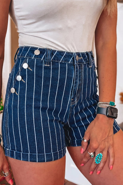 Blue Stripe Metal Button Detail Womens Denim Shorts