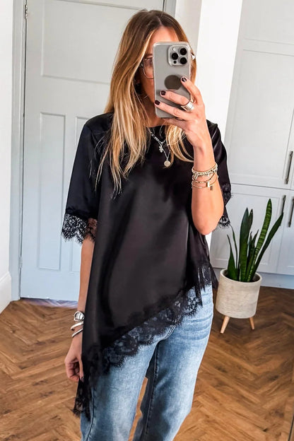 Black Asymmetric Lace Trim Short Sleeve Satin Top