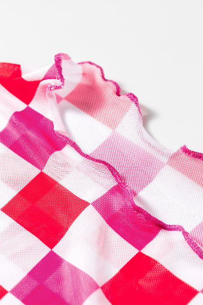 Rose Plaid Heart Mesh Sheer Long Sleeve High Neck Blouse