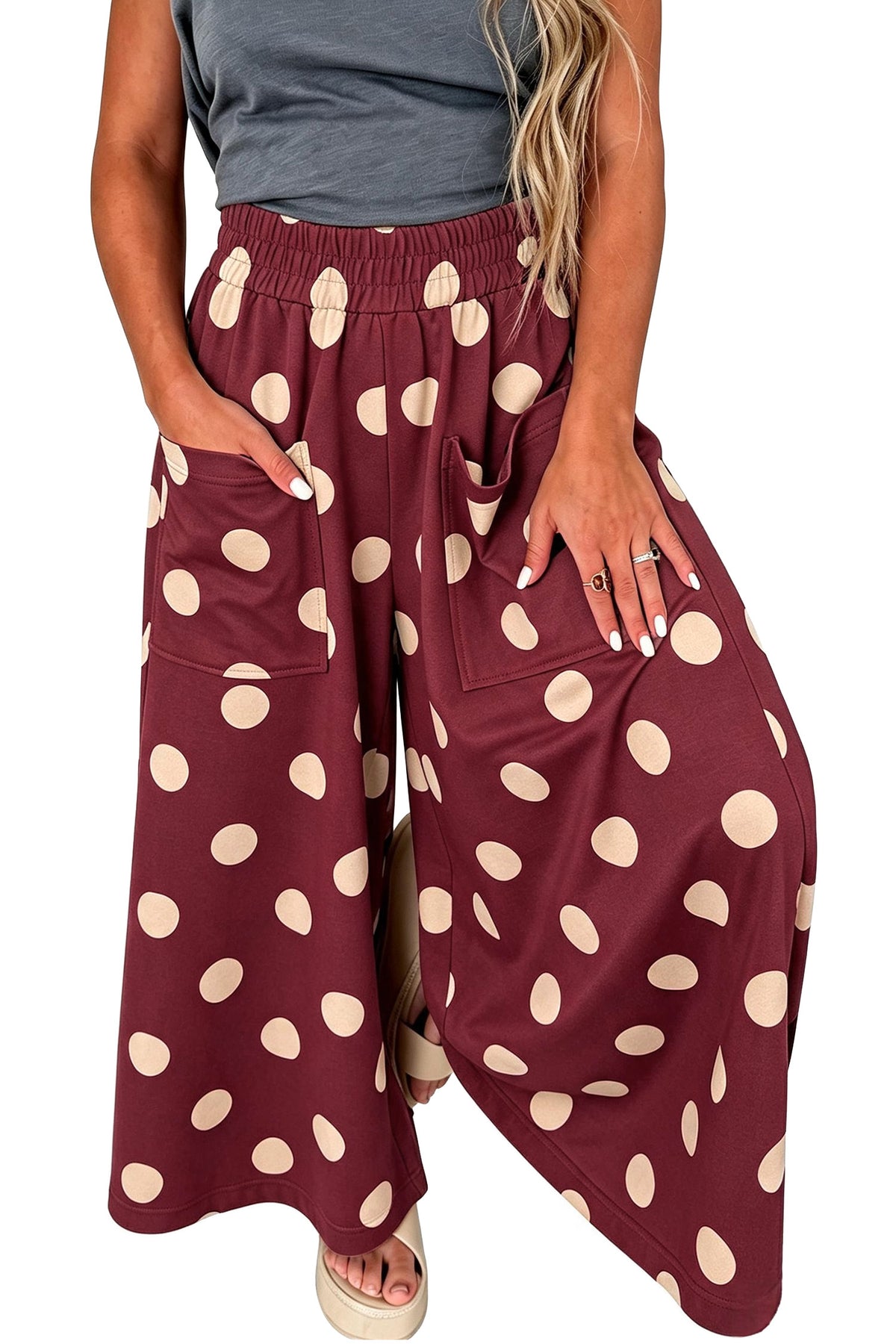 Burgundy Polka Dot Wide Leg Elastic Waist Casual Pants