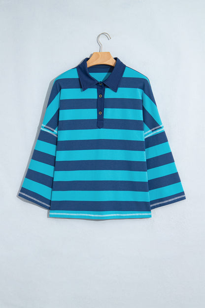 Blue Stripe Contrast Polo Collar Bracelet Sleeve Loose Top