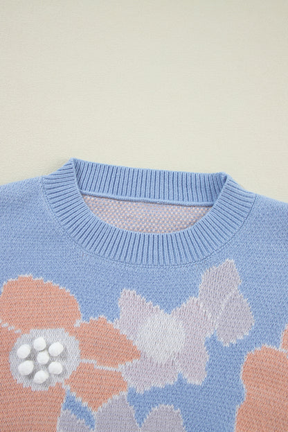 Pull tricoté à col rond et épaules tombantes à motif floral bleu Beau
