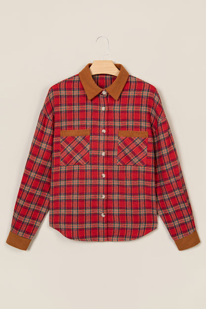 Red Casual Plaid Color Block Collared Button Shacket