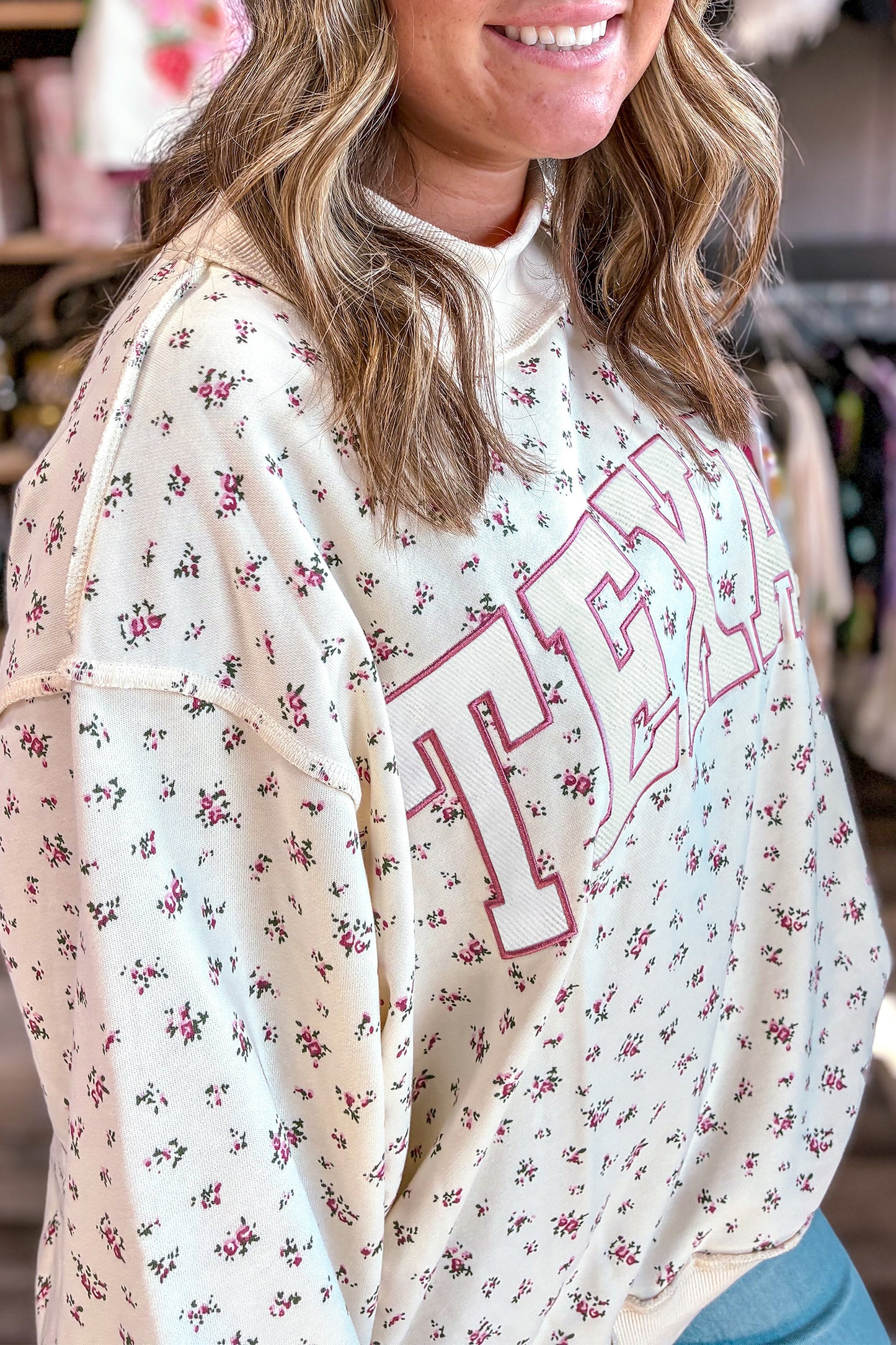 Apricot Floral Print Texas Long Sleeve Ribbed Neck Tunic Plus Size Sweatshirt