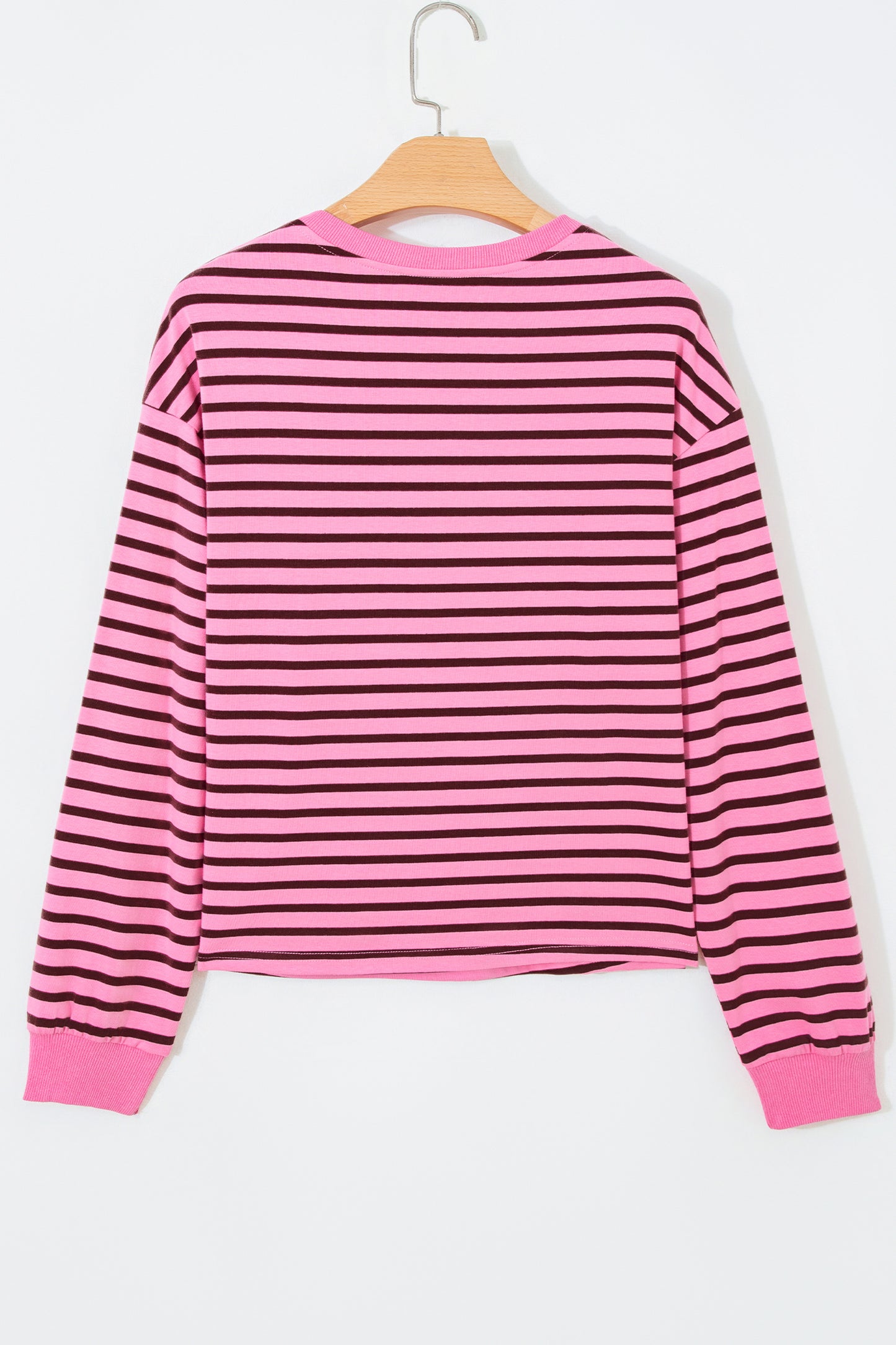 Pink Stripe V Neck Long Sleeve Drop Shoulder Blouse