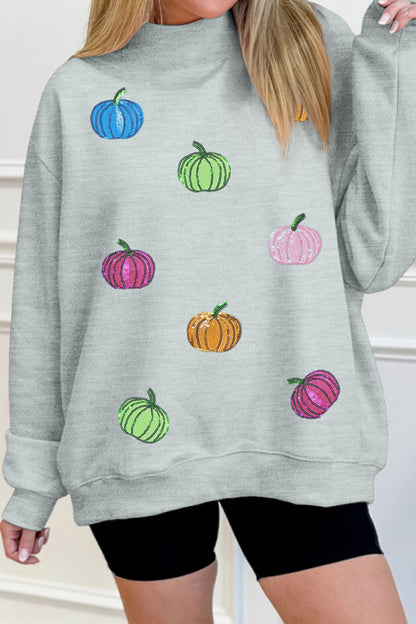 Gray Sequin Pumpkin Patch Mock Neck Baggy Sweatshirt