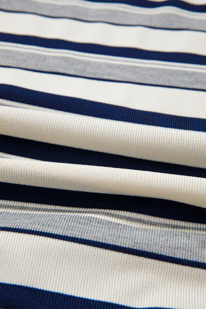 Blue Stripe Striped Ribbed Stand Neck Long Sleeve Shift Silhouette Sweatshirt