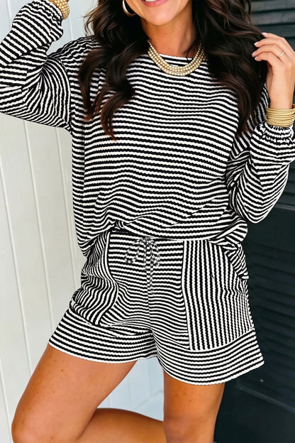 Black Stripe Textured Knit Long Sleeve Top Elastic Waist Shorts Casual Outfit
