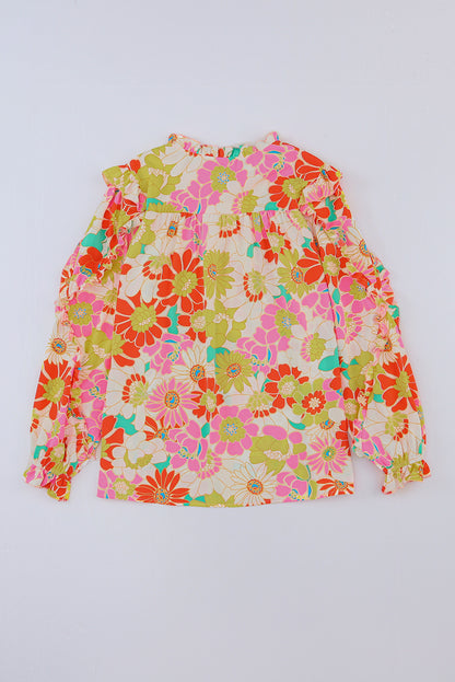 Top floral con mangas acampanadas y cuello levantado multicolor