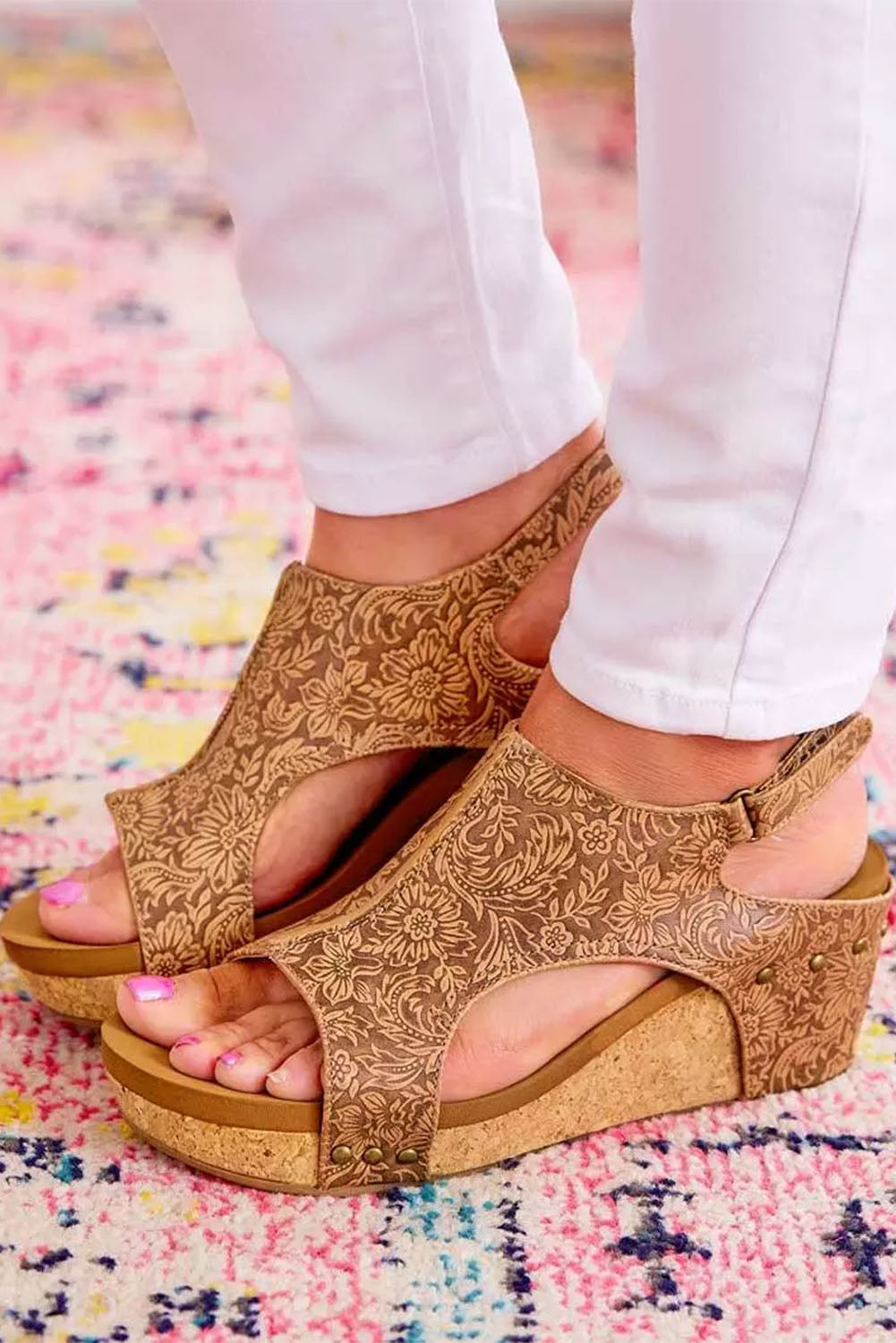 Vintage Floral Leather Rivet Hollowed Platform Sandals