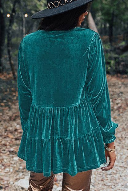 Chemisier en velours vert d'eau à col en V et manches bouffantes