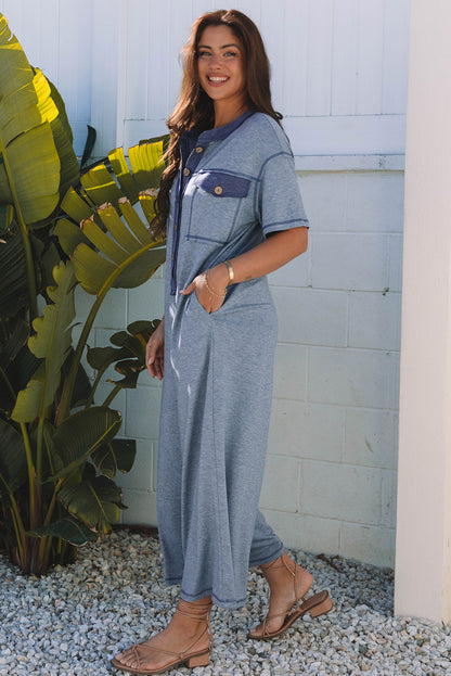 Beige Half Placket Chest Pockets Short Sleeve Wide Leg Jumpsuit