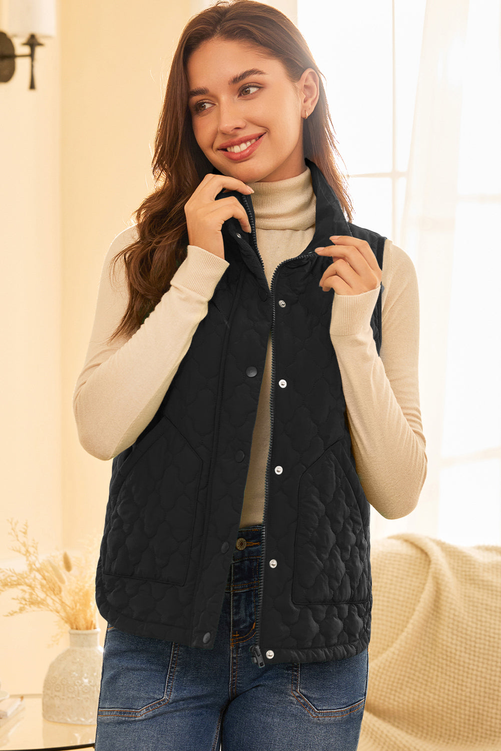 Black Flower Shape Quilted Snap Button Zip Up Winter Vest