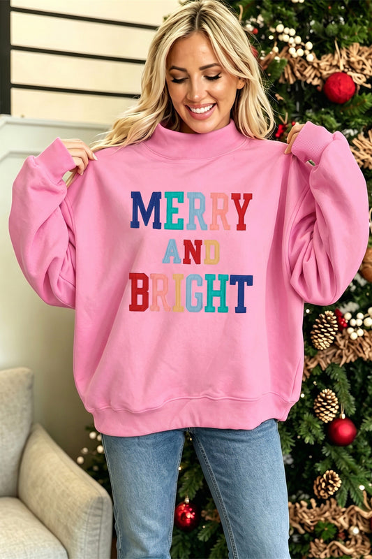Peach Blossom MERRY AND BRIGHT Stitched Letter Pattern Mock Neck Sweatshirt