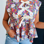 Rose Green Floral Print Bow Applique Slit Sleeveless Peplum Blouse